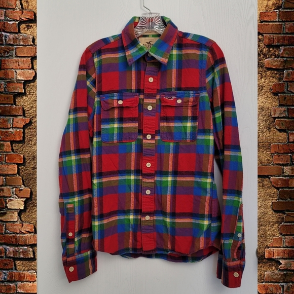 Hollister Tops - Y2K HOLLISTER ABERCROMBIE Flannel Red Plaid Colorful Size Womens S Pockets